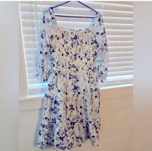 Baltic Born Marta Smocked Midi Dress , Blue and White, Size XL, NWT